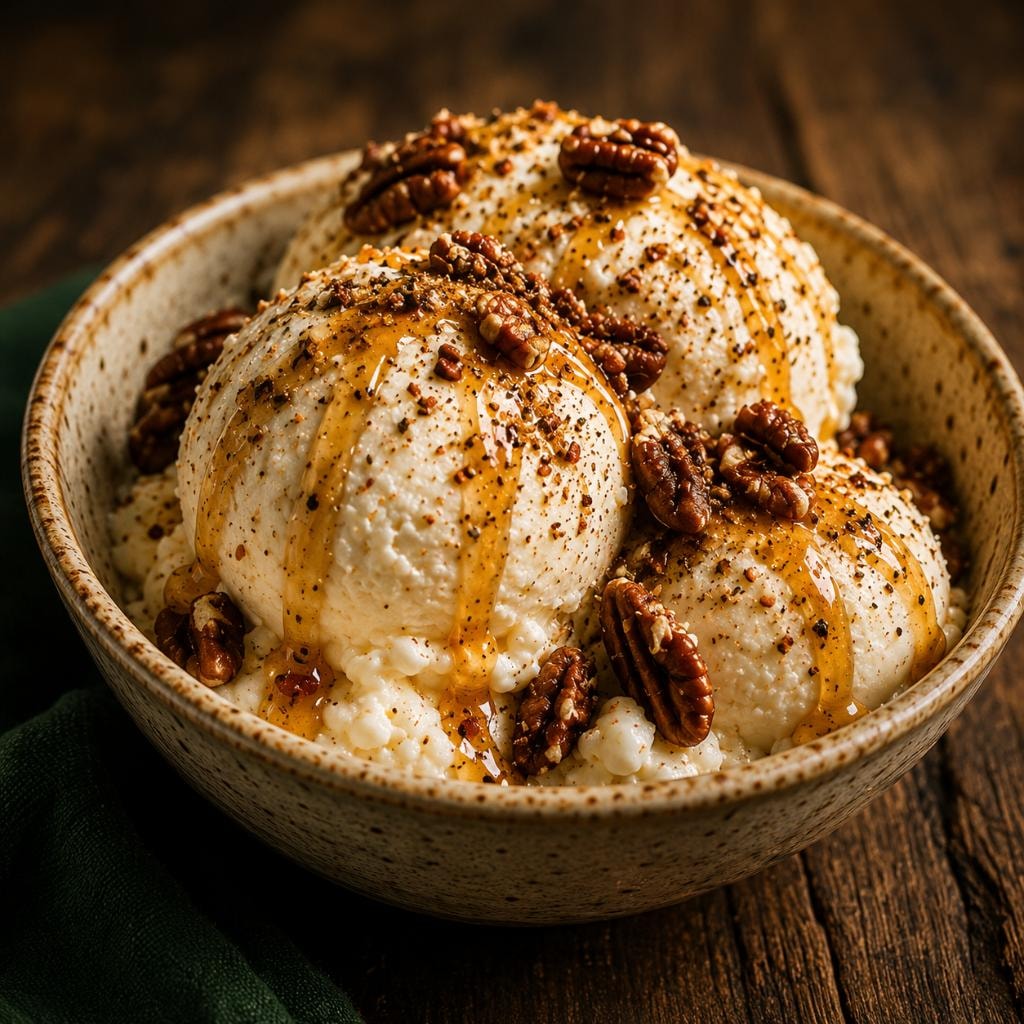 Vanilla ice cream topped with hot honey, G.O.A.T. Spice, and roasted pecans