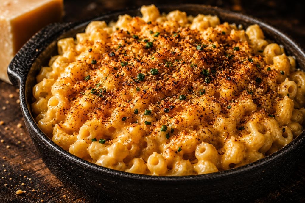 Cast iron skillet of creamy mac and cheese topped with breadcrumbs and seasoning