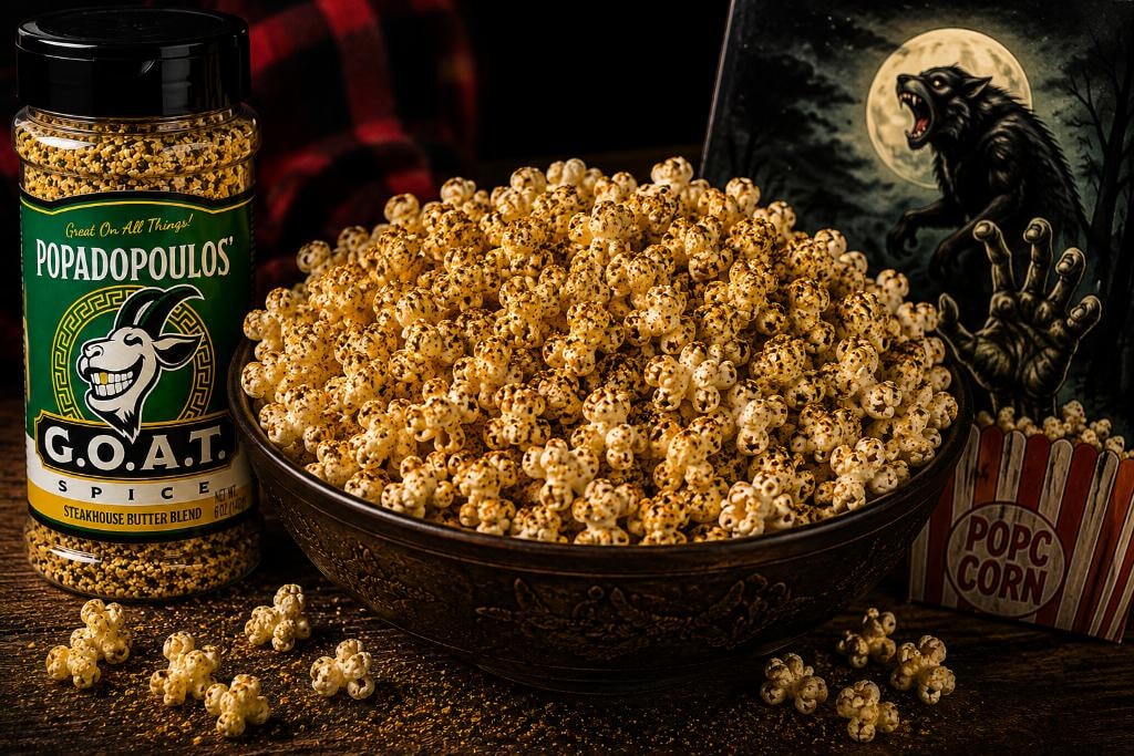 Bowl of buttery popcorn seasoned with G.O.A.T. Spice next to a jar of the blend